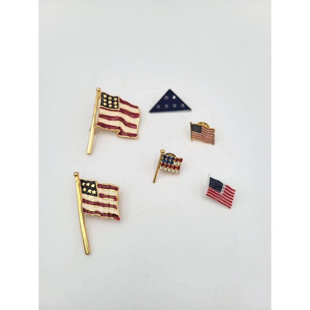 Vintage American‎ Flag USA Brooches Pins Lot of 6 Patriotic Triangle Rhinestones